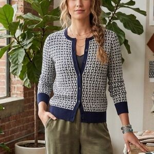 Ann Taylor Cardigan XS Blue Geometric Button Sweater Preppy Office Boho